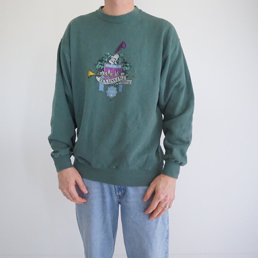 Vintage '90S Soffe Sweats Green Renaissance Festival Cotton Crewneck Sweater L